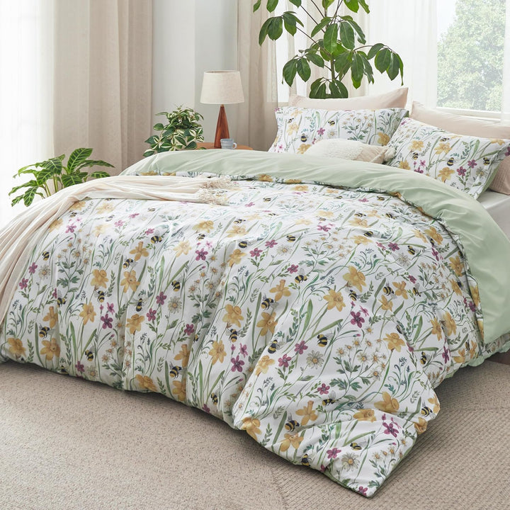 Floral Reversible Comforter Set - 3 Pcs. Botanical Bedding Set