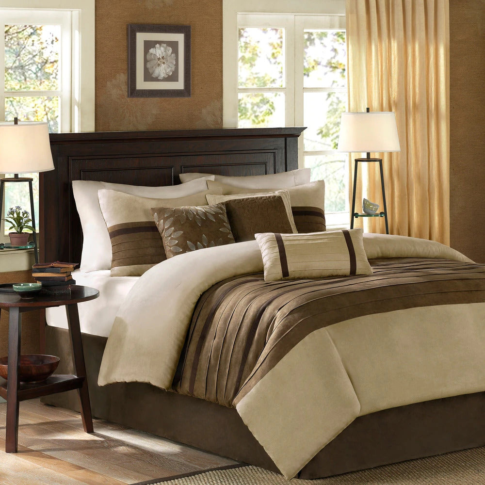 Luxe Suede with Striped Accent Bed in a Bag - 7 Pcs. with Matching Shams, Bed Skirt
