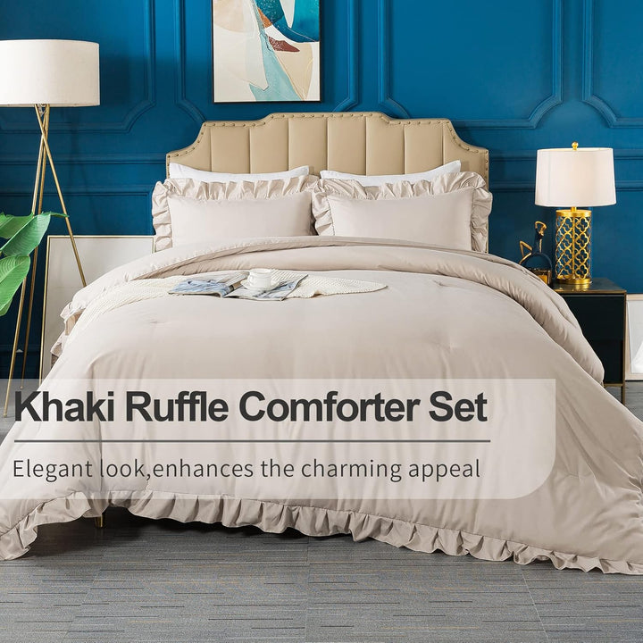 Khaki Queen Comforter Set, 3 Pieces Farmhouse Shabby Chic Bedding Set for Queen Bed, All Season Soft Lightweight Microfiber Bed Set for Men Women