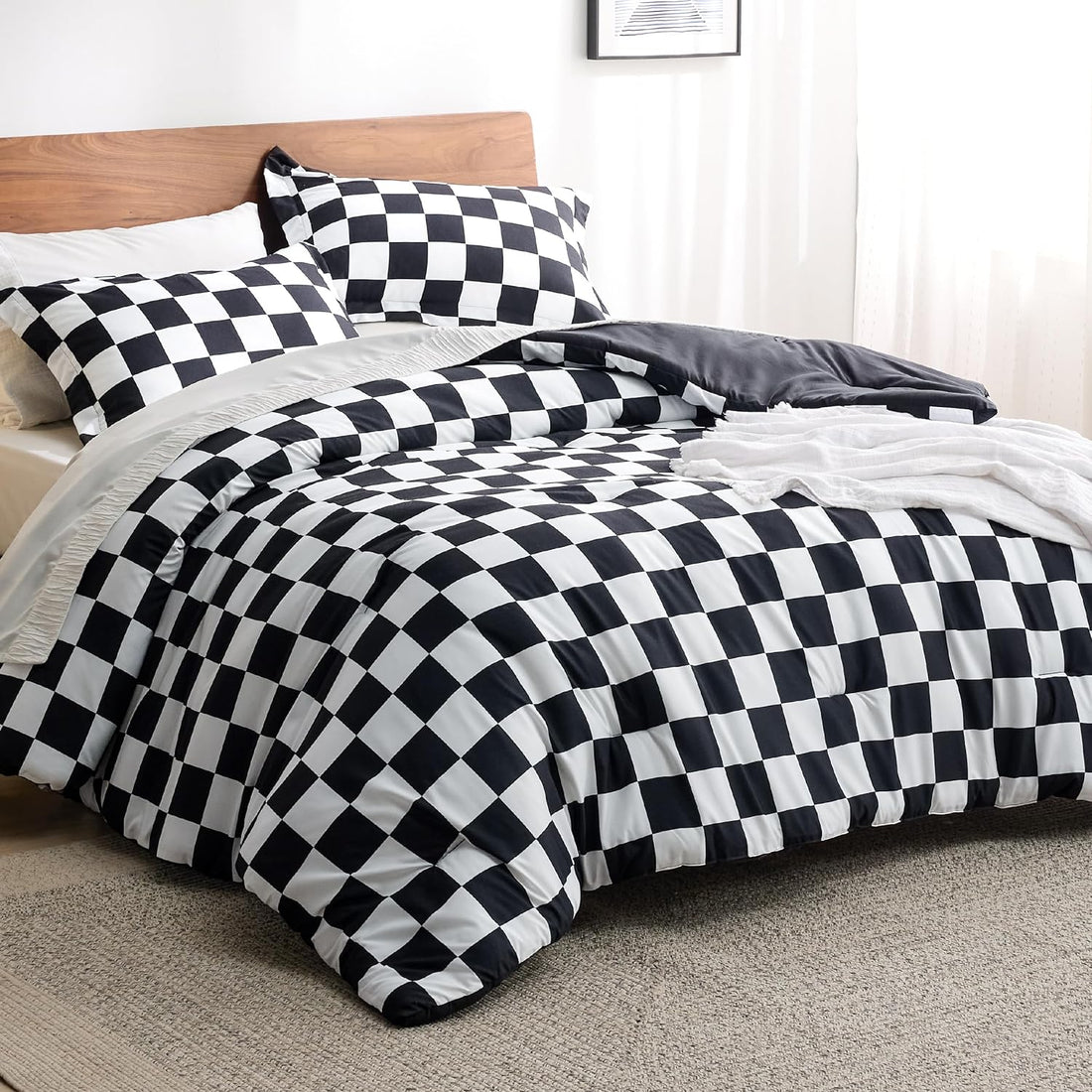 Comforter Set Queen Size - Checkered Bedding Comforter Set for Boys, 3 Pieces, 1 Soft Black Comforter and 2 Pillow Shams