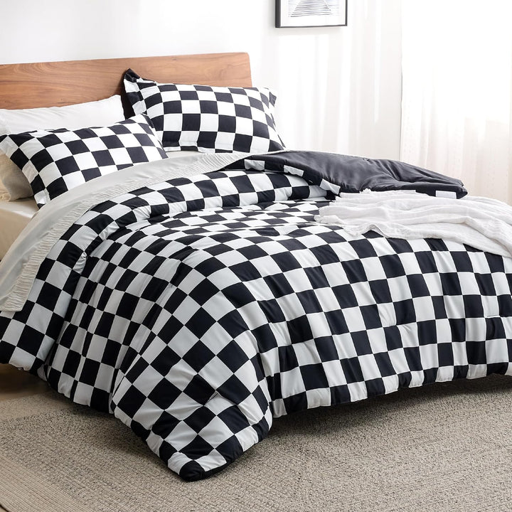 Comforter Set Queen Size - Checkered Bedding Comforter Set for Boys, 3 Pieces, 1 Soft Black Comforter and 2 Pillow Shams