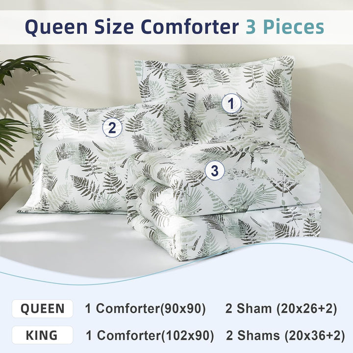 Green Queen Size Comforter Sets,Crinkle Green and Moss Botanical Comforter Queen Size 3 Pieces for All Seasons,1 Comforter and 2 Pillow Shams