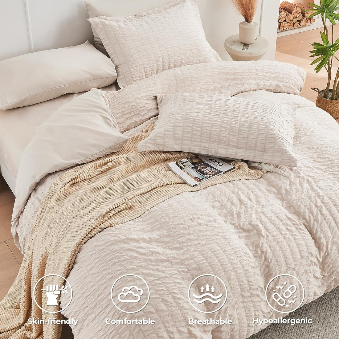 Crinkle Seersucker Bed in a Bag Set - 7 Pcs Beige Textured Comforter Set
