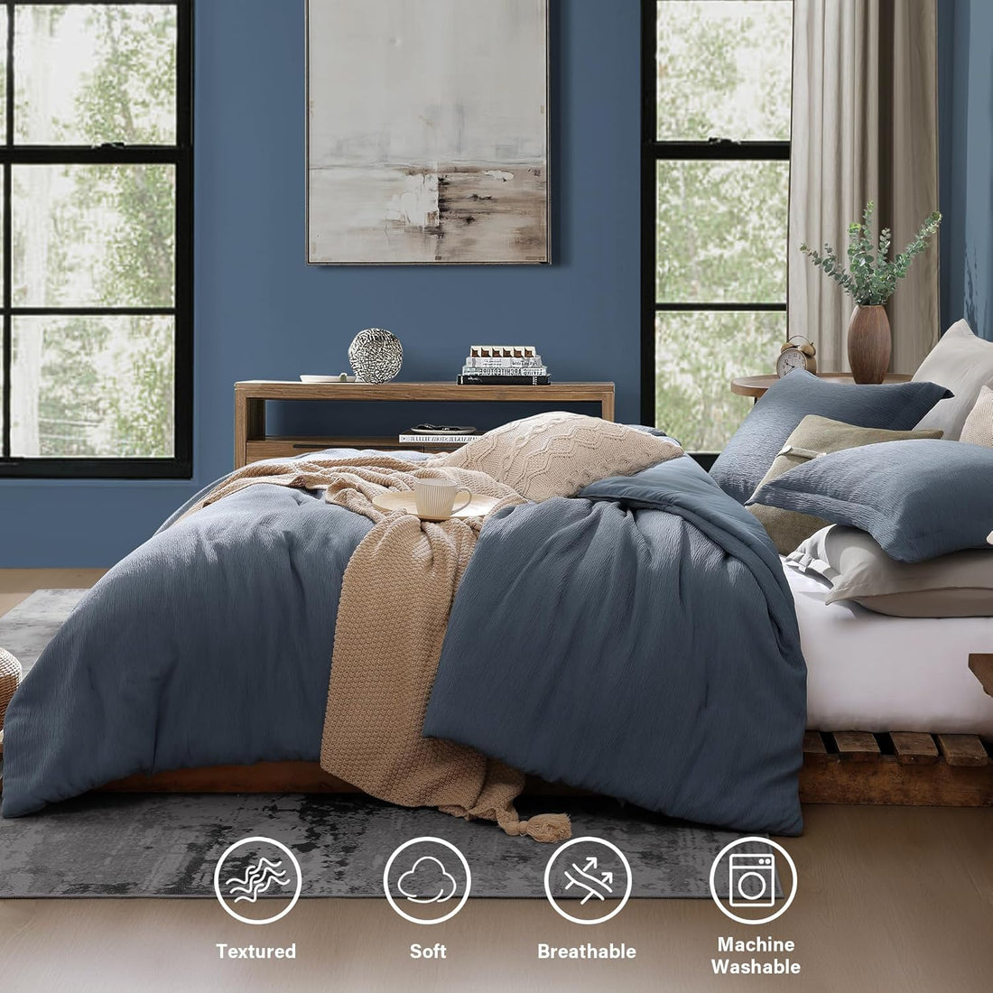 Blue Queen Comforter Set, Textured Queen Bed Set for Premium Bedding, Minimalist Queen Size Bedding Sets 3 Piece with Lightweight Comforter & Shams (Queen, 90"x90")