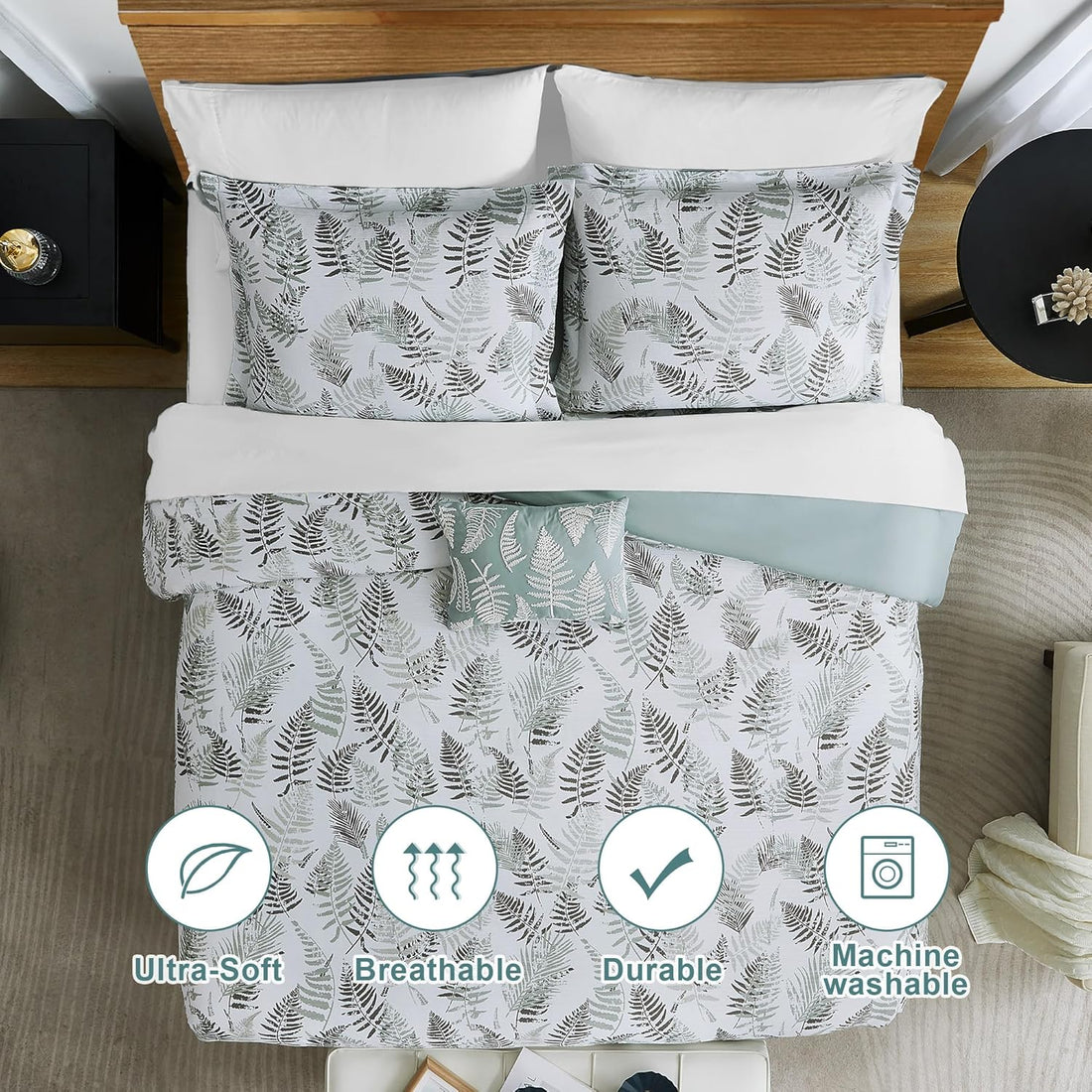 Green Queen Size Comforter Sets,Crinkle Green and Moss Botanical Comforter Queen Size 3 Pieces for All Seasons,1 Comforter and 2 Pillow Shams