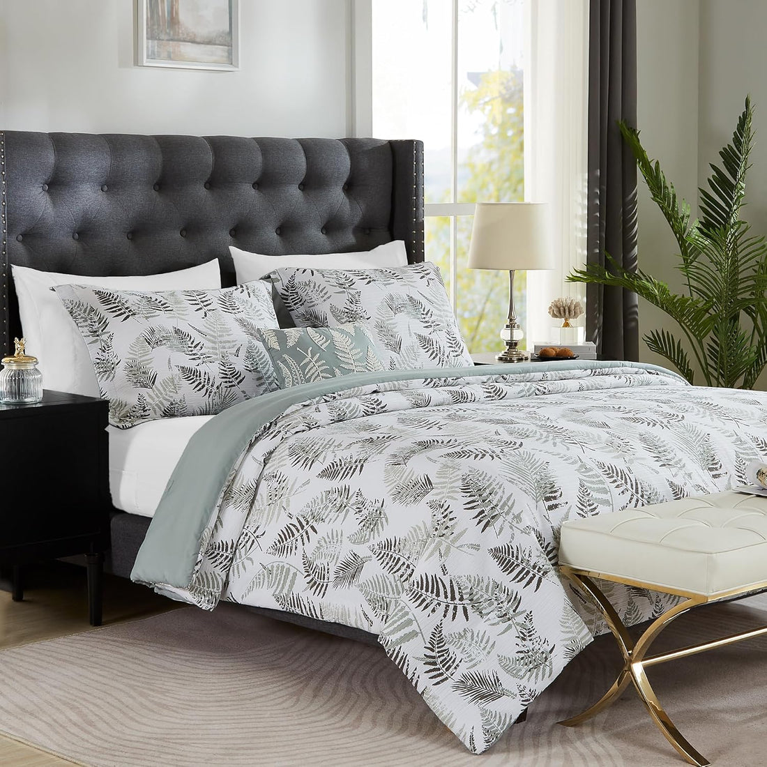Green Queen Size Comforter Sets,Crinkle Green and Moss Botanical Comforter Queen Size 3 Pieces for All Seasons,1 Comforter and 2 Pillow Shams