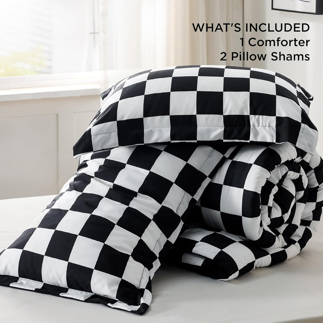 Comforter Set Queen Size - Checkered Bedding Comforter Set for Boys, 3 Pieces, 1 Soft Black Comforter and 2 Pillow Shams