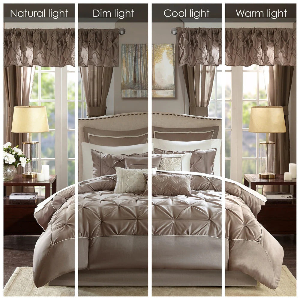 Luxe Faux Silk Tufted Diamond Room in a Bag Set - 24 Pcs. with Matching Curtains, Decorative Pillows