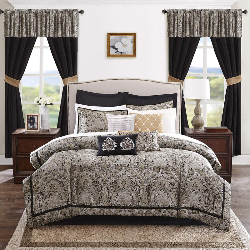 Conjunto de lujo: elegante conjunto de habitación en bolsa de satén, 24 piezas con cortinas y almohadas decorativas a juego