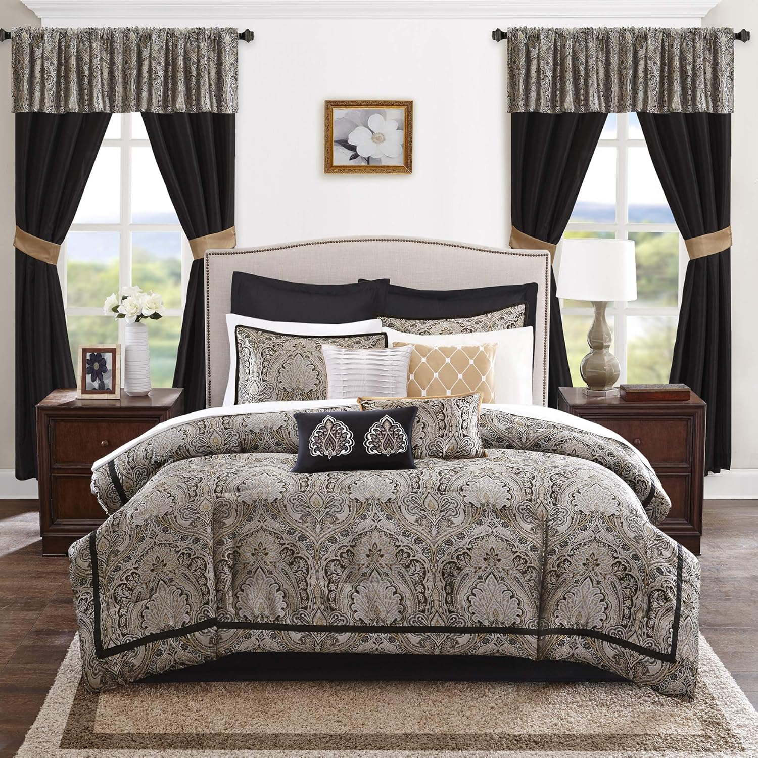 Luxe Set-Satin Elegant Room in a Bag Set - 24 Pcs. with Matching Curtains, Decorative Pillows