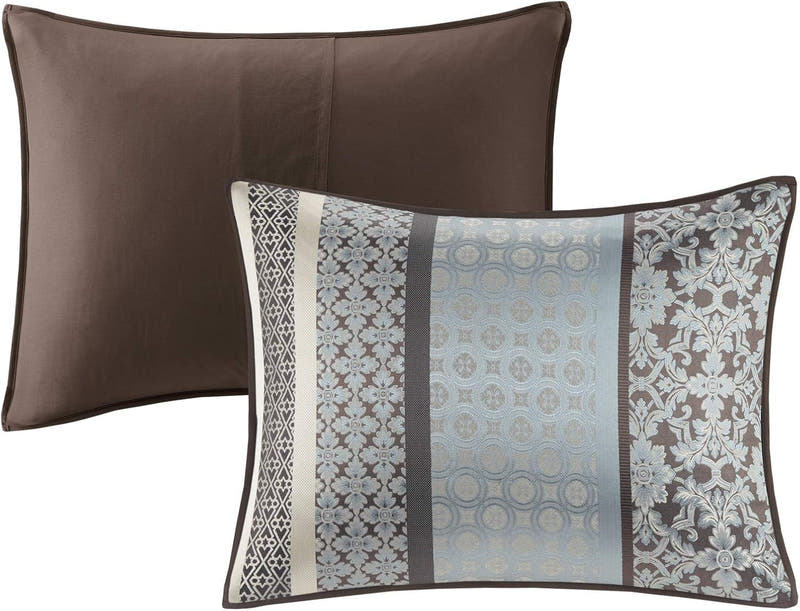 Juego de cama en bolsa de lujo con diseño de damasco y jacquard: 7 piezas con fundas de almohada y faldón de cama a juego