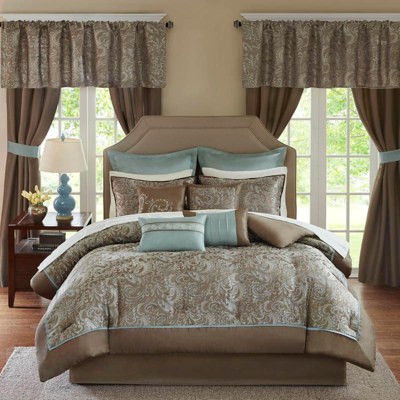 Luxe Faux Silk Jacquard Paisley Room in a Bag - 24 Pcs. with Matching Curtains, Decorative Pillows