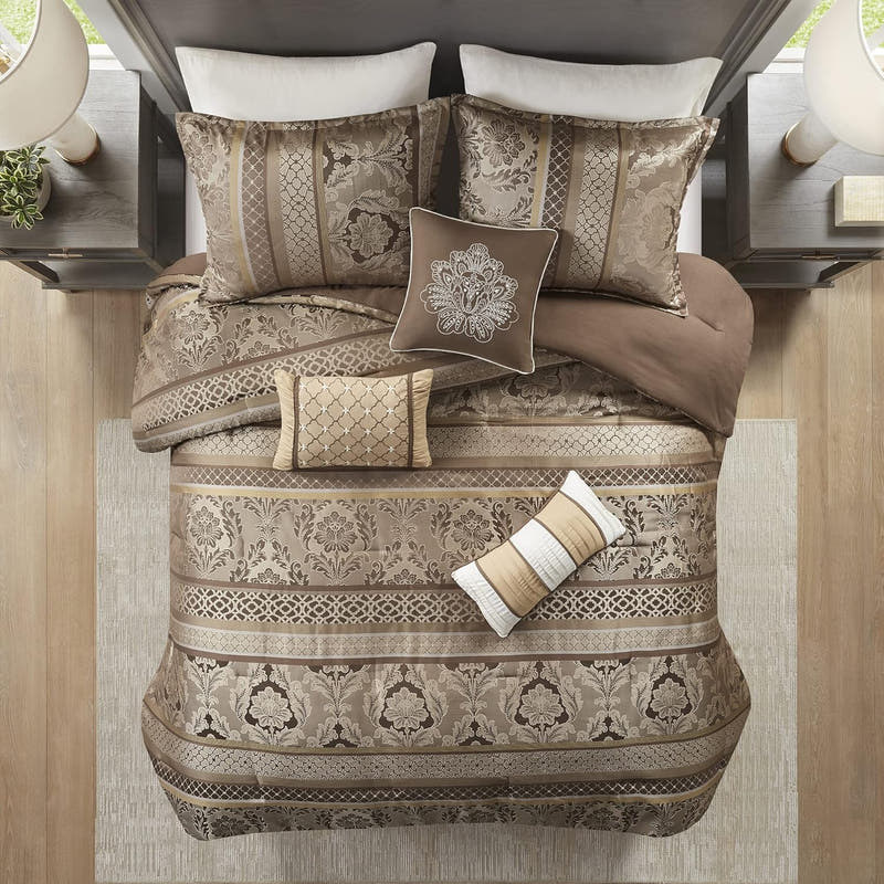 Luxe Jacquard with Damask Design Bed in a Bag Set - 7 Pcs. with Matching Shams, Bed Skirt