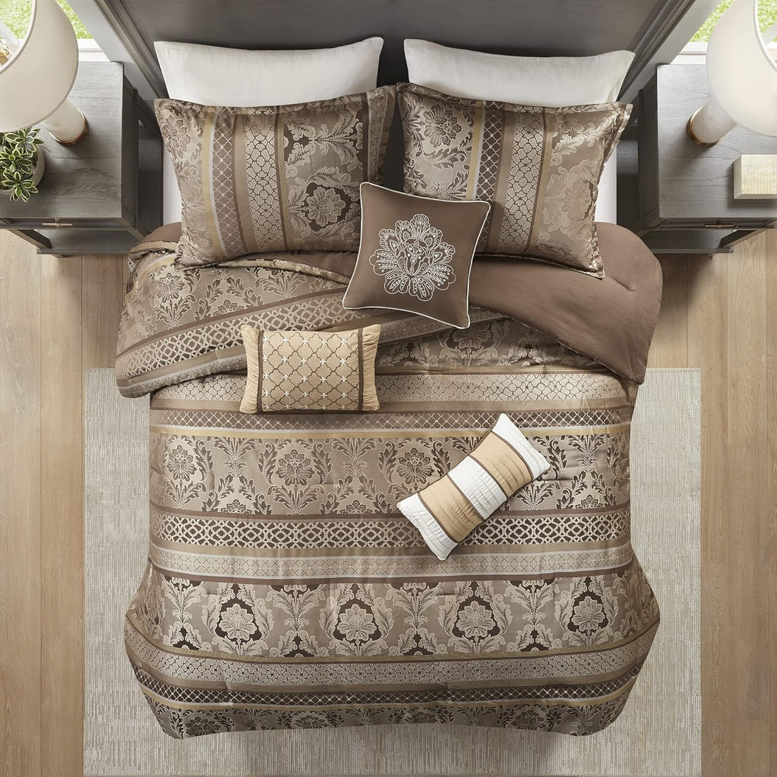 Luxe Jacquard with Damask Design Bed in a Bag Set - 7 Pcs. with Matching Shams, Bed Skirt