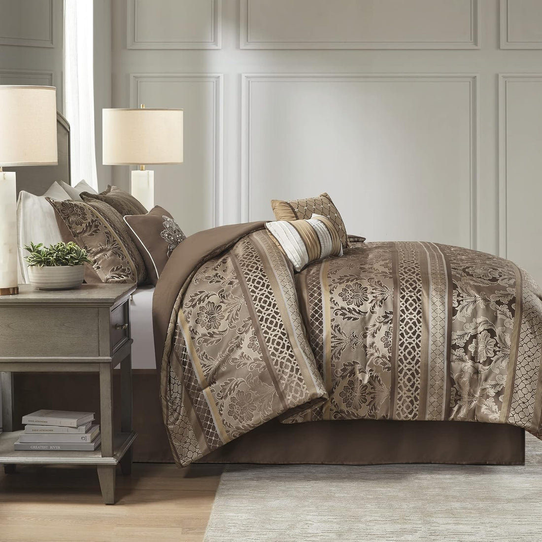 Luxe Jacquard with Damask Design Bed in a Bag Set - 7 Pcs. with Matching Shams, Bed Skirt