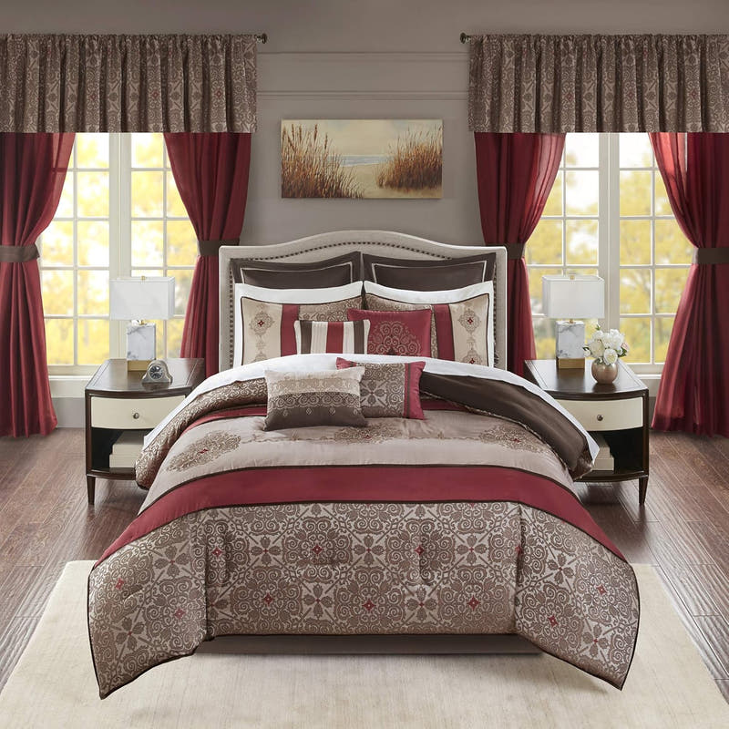 Conjunto de lujo: elegante conjunto de habitación en bolsa de satén, 24 piezas con cortinas y almohadas decorativas a juego 