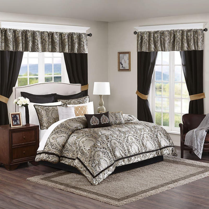 Conjunto de lujo: elegante conjunto de habitación en bolsa de satén, 24 piezas con cortinas y almohadas decorativas a juego