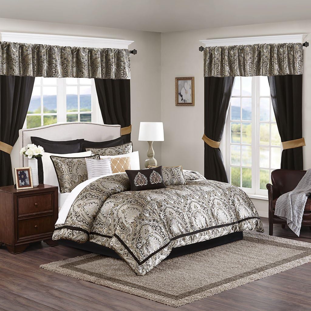 Conjunto de lujo: elegante conjunto de habitación en bolsa de satén, 24 piezas con cortinas y almohadas decorativas a juego