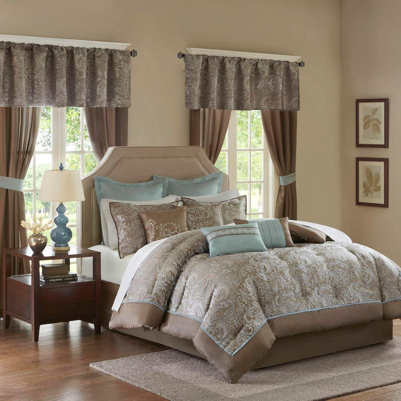 Luxe Faux Silk Jacquard Paisley Room in a Bag - 24 Pcs. with Matching Curtains, Decorative Pillows