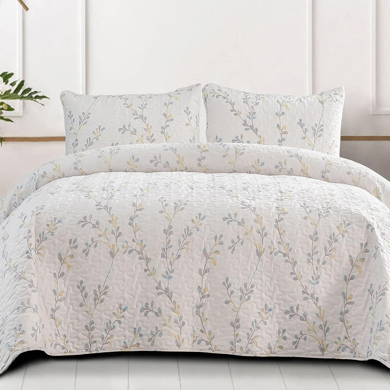 Juego de edredón floral ligero reversible: cubrecamas suaves para todas las estaciones de 3 piezas