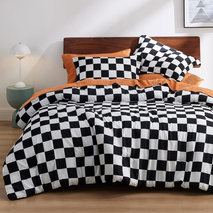 Comforter Set Queen Size - Checkered Bedding Comforter Set for Boys, 3 Pieces, 1 Soft Black Comforter and 2 Pillow Shams
