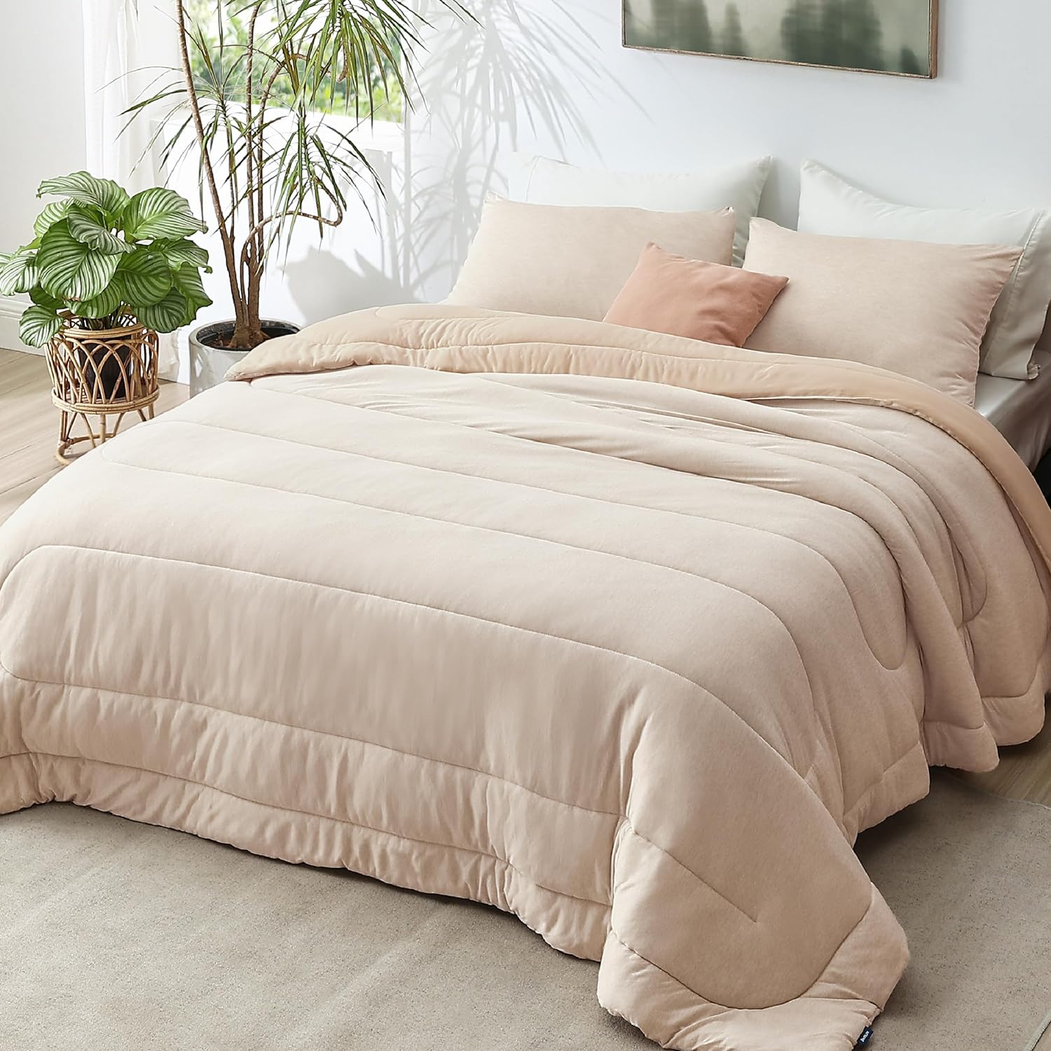 Queen Comforter Set - Cooling and Warm Bed Set, Linen Reversible All Season Cooling Comforter, 3 Pieces, 1 Queen Size Comforter (88"x88") and 2 Pillow Cases (20"x26")