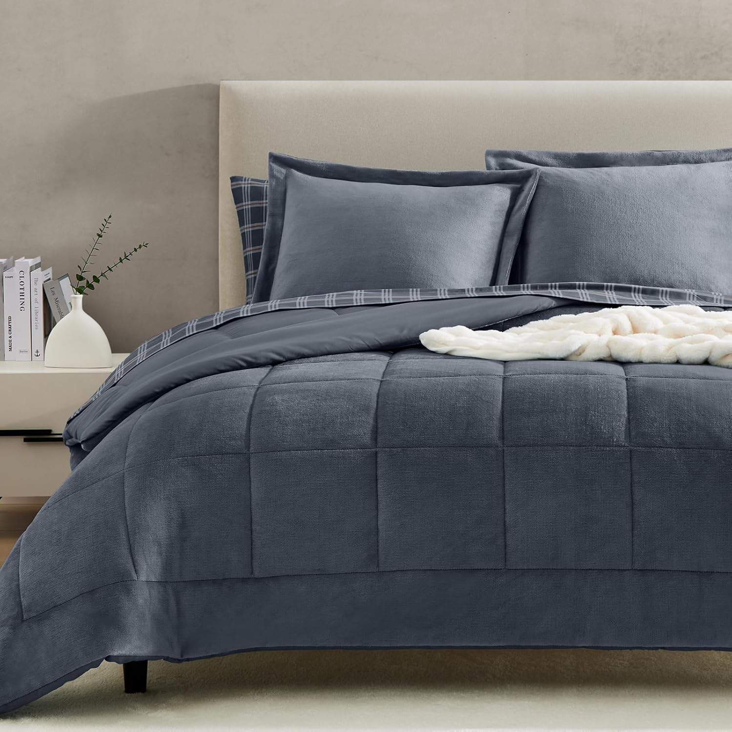 Fleece Queen Comforter Set-7 Pieces Bed in A Bag Queen,Blue Grey Plush Bedding Comforter Sets, Soft Warm Queen Comforter Set with Sheets,Comforter,Pillowcases and Shams