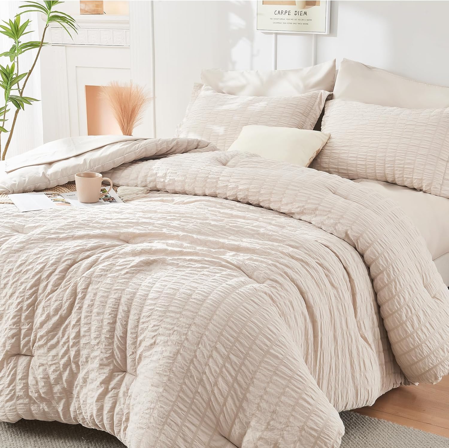 Crinkle Seersucker Bed in a Bag Set - 7 Pcs Beige Textured Comforter Set