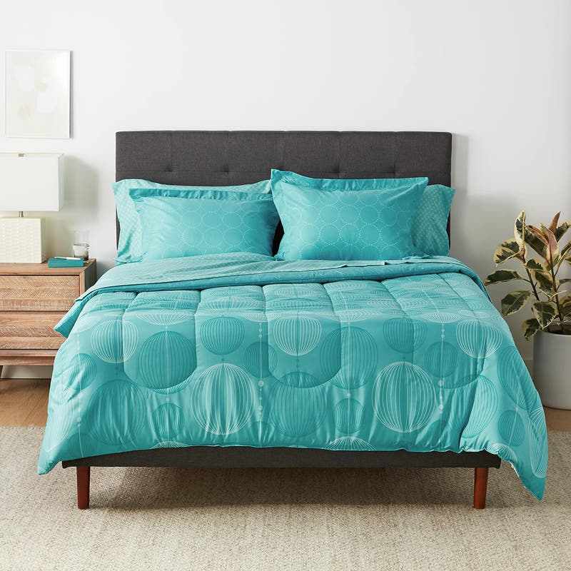 Juego de edredón tamaño matrimonial o queen con sábanas, ropa de cama industrial verde azulado de 5 piezas, microfibra liviana Bed-in-a-Bag