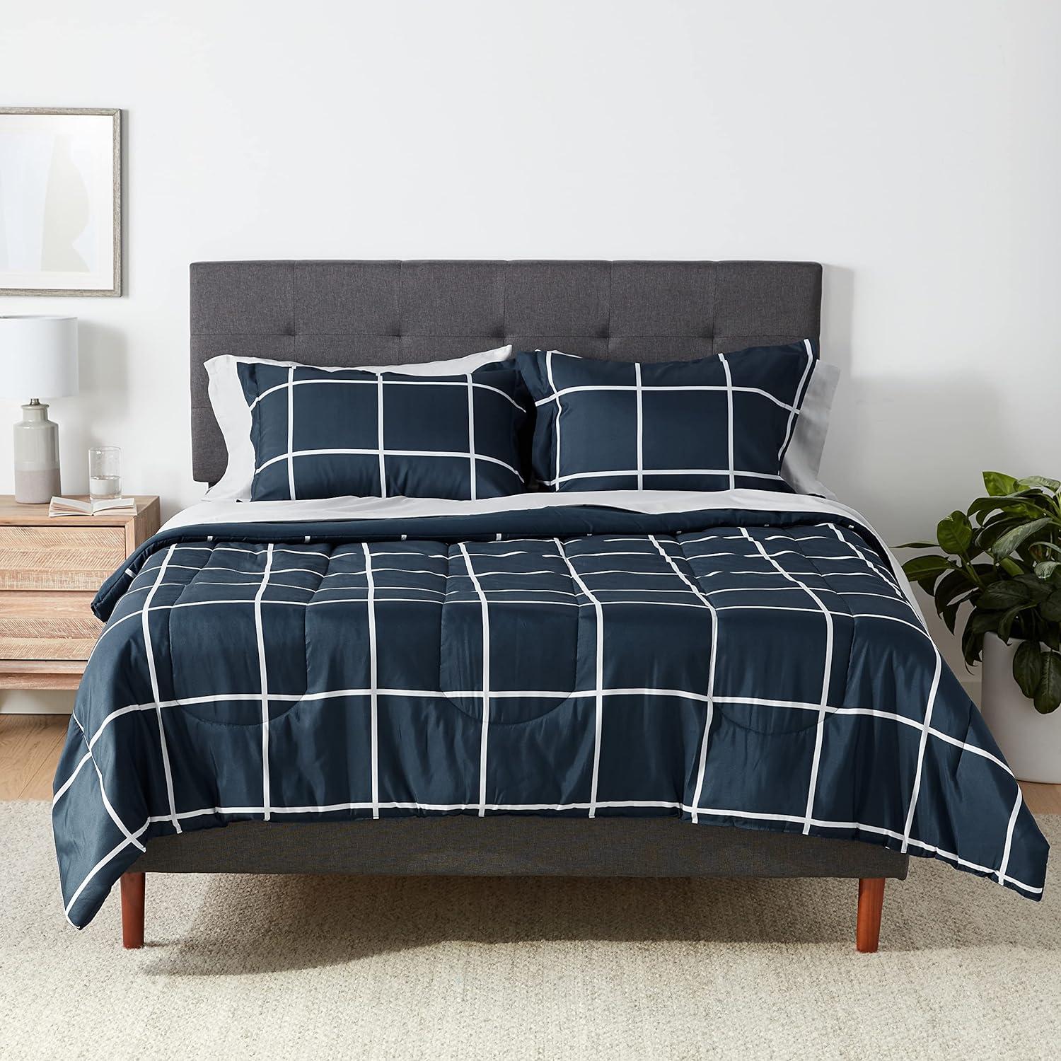 Full/Queen Comforter Set with Sheets, 5-Piece Navy with Grey Plaid Bedding, Lightweight Microfiber Bed-in-a-Bag