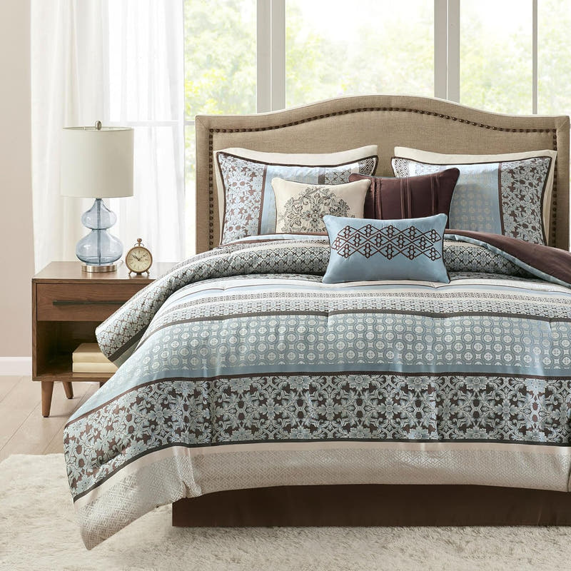 Juego de cama en bolsa de lujo con diseño de damasco y jacquard: 7 piezas con fundas de almohada y faldón de cama a juego