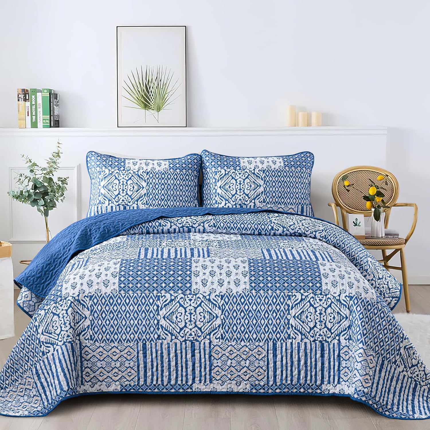 Juego de edredón con diseño de patchwork geométrico y bohemio floral: juego de 3 piezas