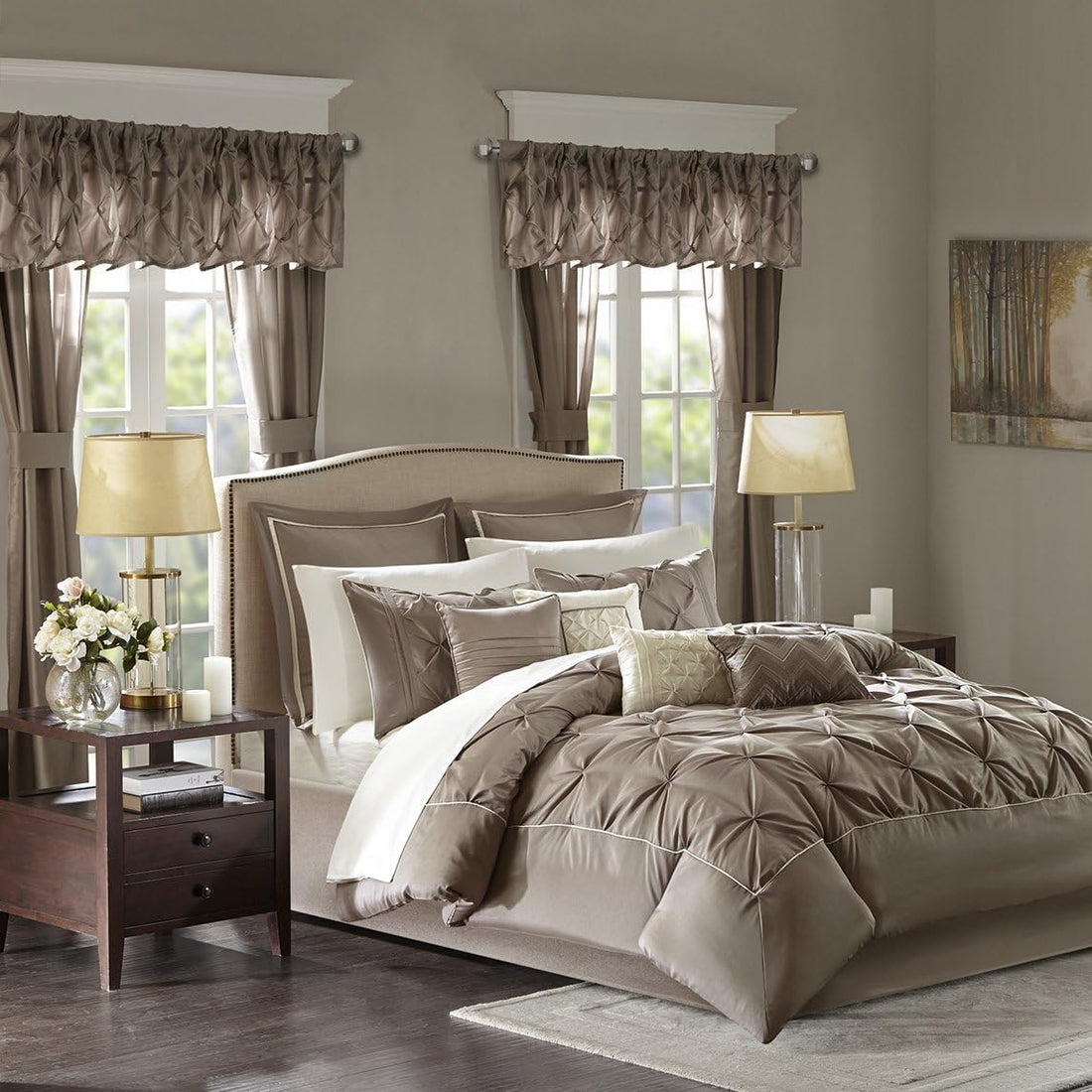 Luxe Faux Silk Tufted Diamond Room in a Bag Set - 24 Pcs. with Matching Curtains, Decorative Pillows