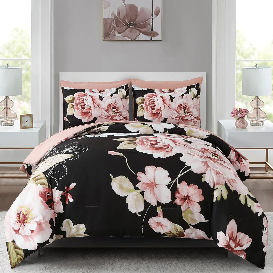 Juego de cama con estampado floral en una bolsa: juego de 7 piezas de edredón con estampado floral rosa