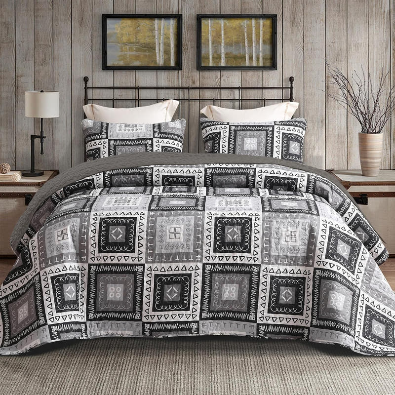 Juego de edredón bohemio geométrico con patchwork reversible: juego de colcha de 3 piezas para todas las estaciones