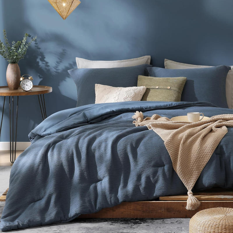 Juego de edredón Queen azul, juego de cama Queen texturizado para ropa de cama de primera calidad, juegos de cama Queen minimalistas de 3 piezas con edredón liviano y fundas (Queen, 90" x 90")
