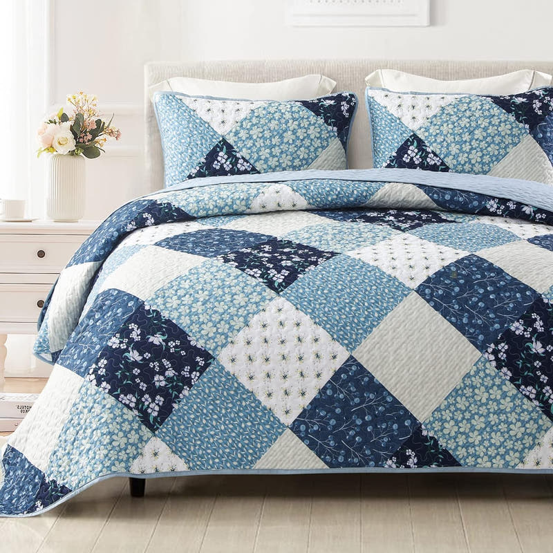 Juego de edredón reversible con diseño de patchwork bohemio y flores: juego de cama de 3 piezas para todas las estaciones