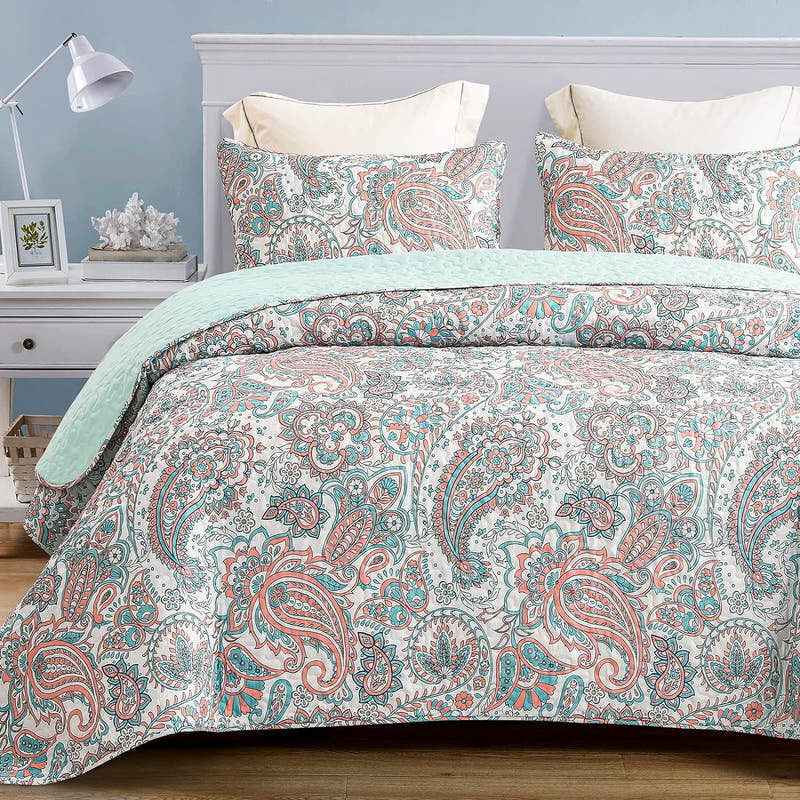 Juego de edredón reversible Paisley Boho: juego de colcha de 3 piezas para todas las estaciones