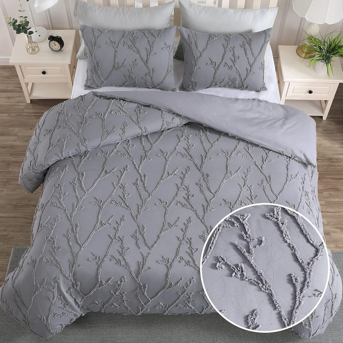 Embroidered Floral Duvet Cover Set - 3 Pcs. Chic Tufted Branches