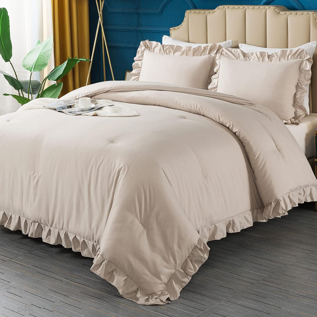 Juego de edredón Queen de color caqui, juego de cama Shabby Chic de estilo rústico de 3 piezas para cama Queen, juego de cama de microfibra suave y liviano para todas las estaciones para hombres y mujeres