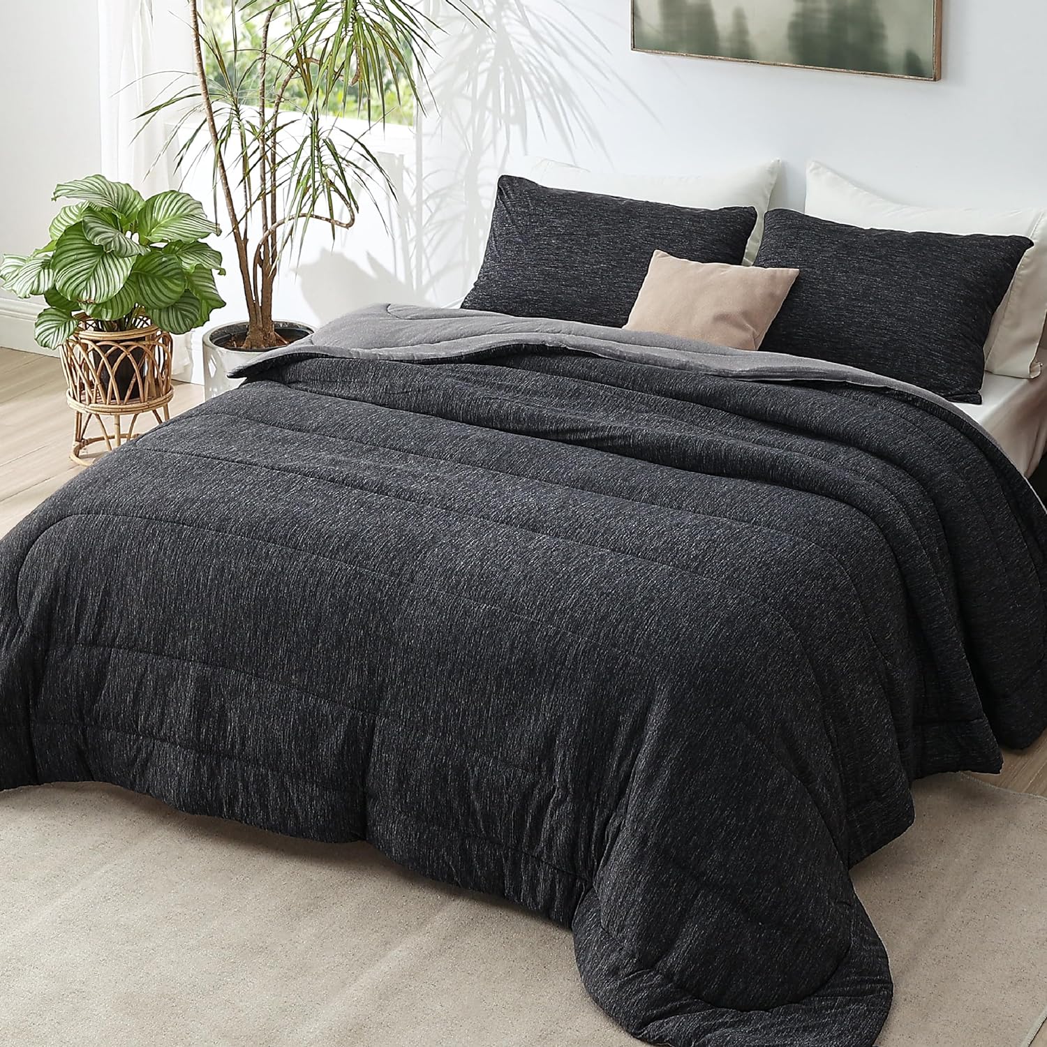 Comforter Set - Cooling and Warm Bed Set, Charcoal Black Reversible For All Season, 3 Pieces, 1 Queen Size Comforter (88"x88") and 2 Pillow Cases (20"x26")