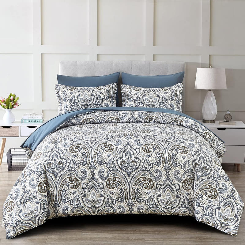 Juego de cama con estampado de cachemira en una bolsa: juego de 7 piezas de edredón bohemio azul