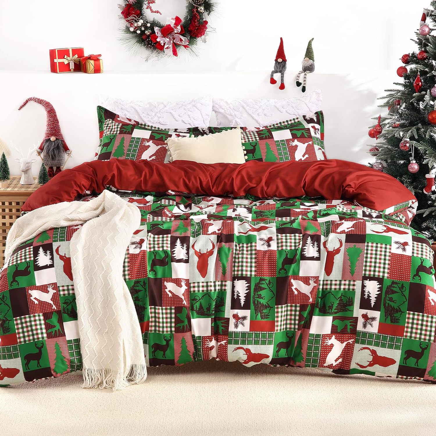 Christmas Duvet Cover Set - 3 Pcs. Reindeer Multi-Colored Patchwork
