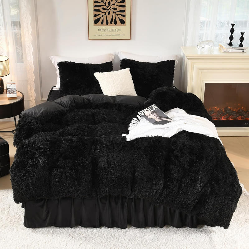 Edredón mullido negro tamaño Queen, juego de cama de piel sintética de felpa difusa de lujo para cama tamaño Queen, edredón cálido de terciopelo ultra suave, 3 piezas (1 edredón peludo de 90 × 90 pulgadas, 2 fundas de almohada) 