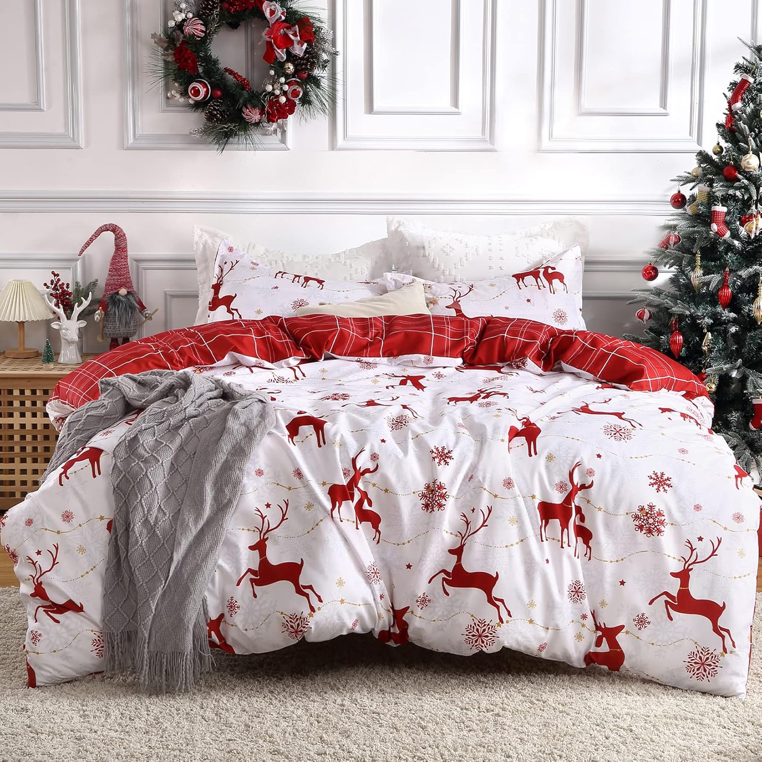 Christmas Reversible Duvet Cover Set - 3 Pcs. Reindeer/Plaid