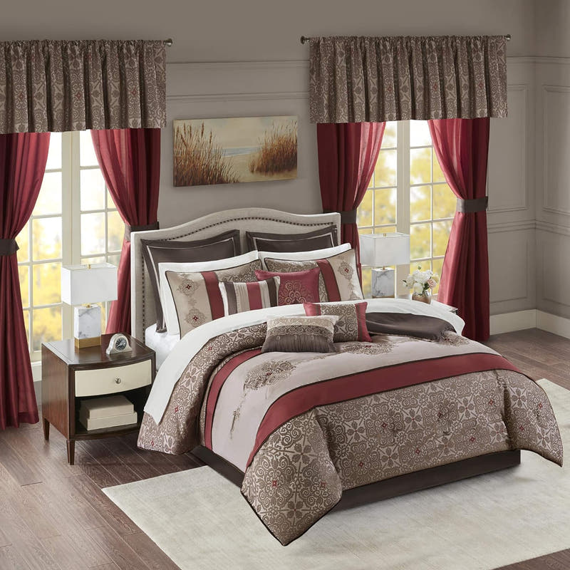Conjunto de lujo: elegante conjunto de habitación en bolsa de satén, 24 piezas con cortinas y almohadas decorativas a juego 
