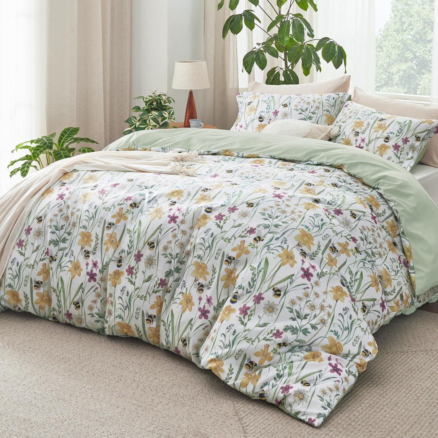 Juego de edredón reversible con motivos florales, 3 piezas. Juego de ropa de cama botánico