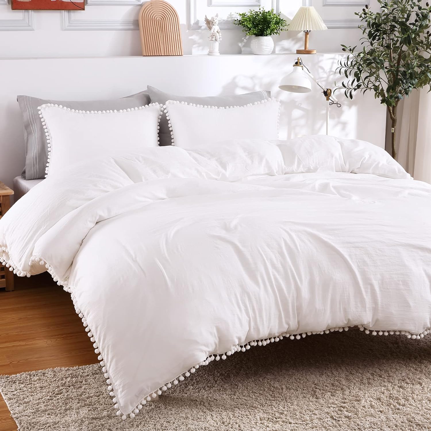 Washed Microfiber Duvet Cover Set, 3 Pcs. with Pom-Pom Fringe