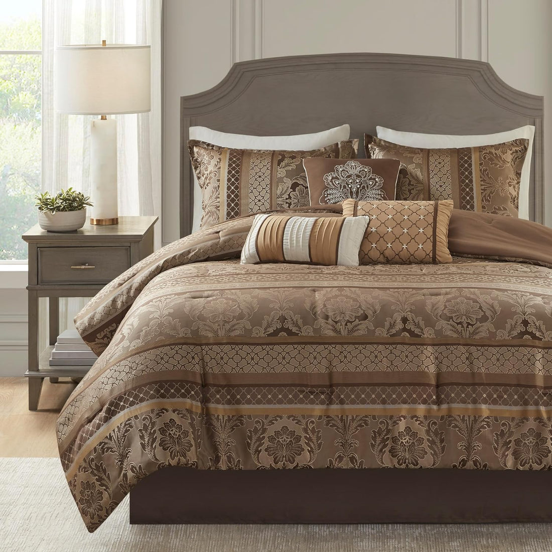 Luxe Jacquard with Damask Design Bed in a Bag Set - 7 Pcs. with Matching Shams, Bed Skirt