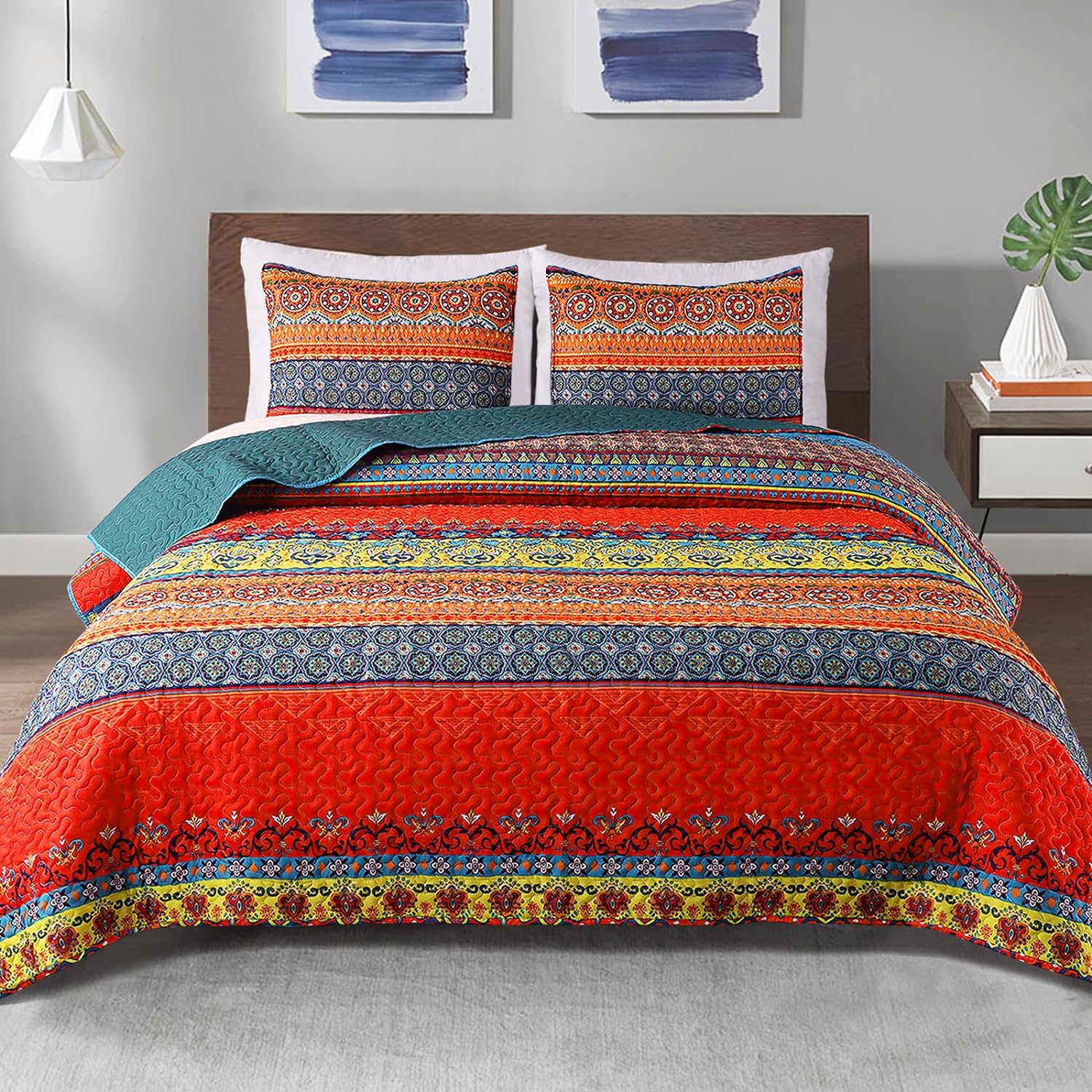 Reversible Ultra Soft Boho Pattern Quilt Set - 3 Pcs. Bohemian All Season